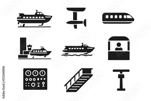 Panel radar hydrofoil wing icon counter cabin profile ferry wake vector navigation