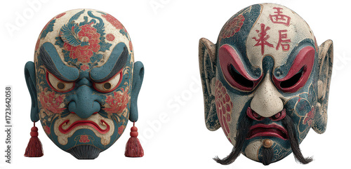 Traditional Japanese Oni masks with intricate tattoo patterns, set of 2 decorative demon face sculptures, vintage oriental folklore theater masks isolated on Transparent Background