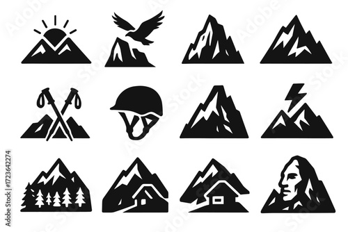 Mountain icon ancient hiking hut tree set bird twin vector jagged