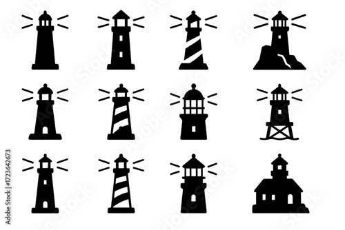 Offshore tower vector collection base cliff lighthouse square icon beacon cylindrical