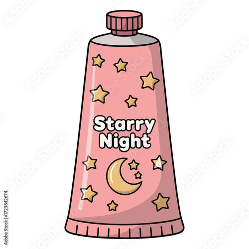 Cute kawaii body lotion tube with stars, flat cartoon vector, pastel color, white background, transparent background