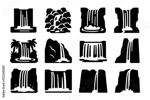 Rocks waterfall cascading icon jungle canyon mountain wide vector icons collection mist