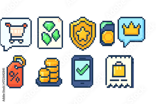 Shopping and finance pixel art icon set. retail, ecommerce, money flat icons collection