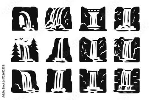 Waterfall calm scenic walls flying rock collection vector icon birds viewpoint