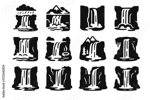 Vector icon trickle snowmelt gorge waterfall from flowing collection cliff near