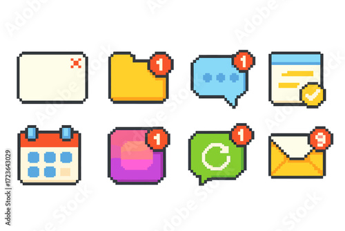 Notification, message pixel icon set. alert, communication pixel icons collection