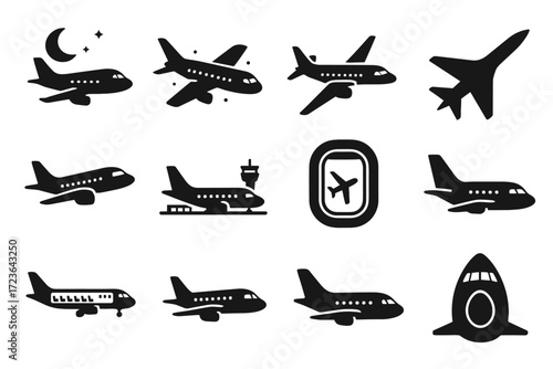 Jet icon window airplane vector aircraft lights night tail flying collection propeller