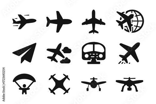 Set airplane symbol icon landing vector aircraft over icons plane paper paragliding