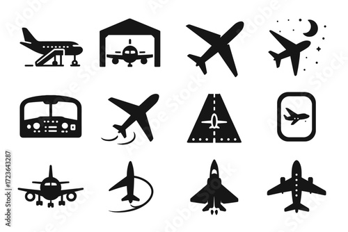 Vector airport jet emergency runway sky icon set icons exit hangar airplane