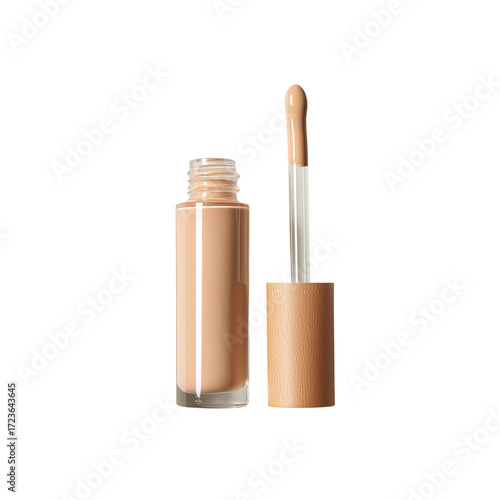 A bottle of liquid foundation makeup with a full applicator wand ready for use isolated on transparent background