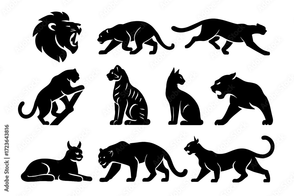 Fototapeta premium Outline big head stretching lion cats icon sitting silhouette wildcat crouching vector