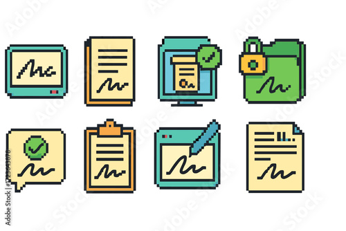 Digital signature icon set. electronic document approval, outline icons collection