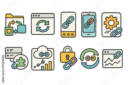 Data synchronization flat icon set. cloud, security, link icons collection.