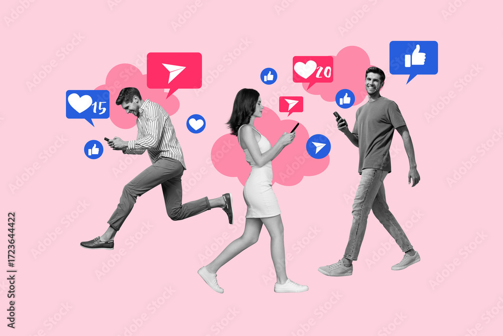 Fototapeta premium Creative art poster banner 3d collage photo of three happy girl men stand bubble heart notification speech blogging emoji icon