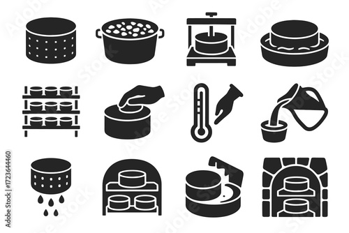 Vector basket cheese icons milk icon making curds thermometer process vat mold