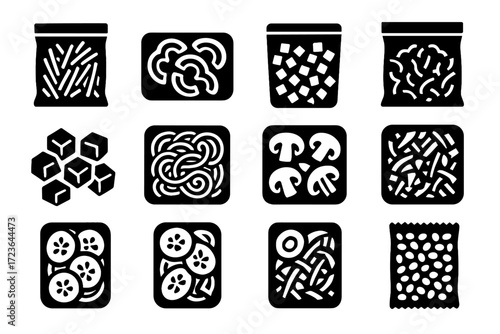 Icon julienned sliced grid vector vegetable pieces icons lettuce bag onions carrots