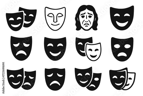 Vector pair emotions angular delicate icon icons theatre masks layered tragic antique