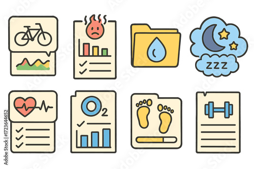 Health and fitness icon set. wellness, exercise, vital signs, linear style collection