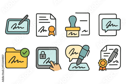 Digital signature flat icon set. electronic document, secure signing flat icons.