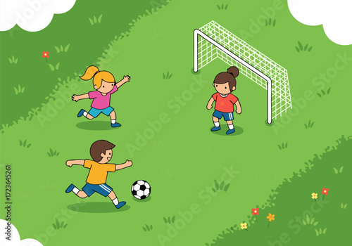 Joyful children playing soccer on a vibrant green field, having fun during a sunny afternoon game