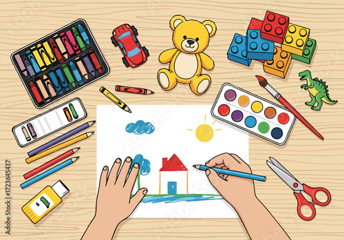 Children Playing Creative Fun with Toys and Art Supplies