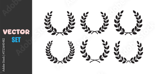 Collection of six black laurel wreath illustrations on a white background