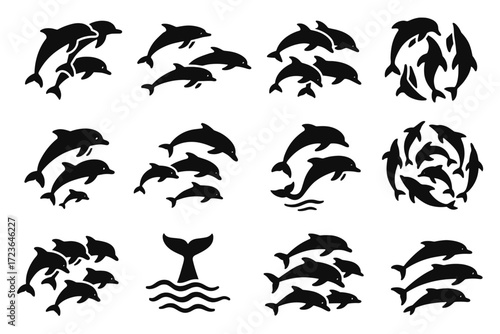 Group icon jumping circular waves dolphins pod dolphin family silhouettes synchronized icons