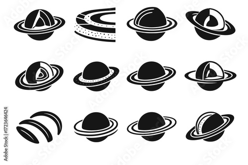 Vector icon radial planetary system orbit composition diagram sliced view rings ring