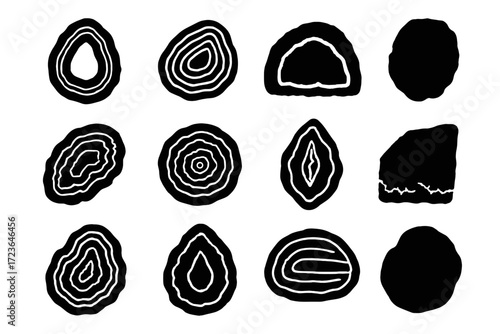 Icons gemstone black icon form vector slice mineral agate energy artisan silhouette