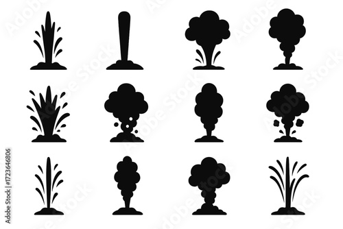 Set vector column geyser silhouette steam icon hot plume fountain jet spout
