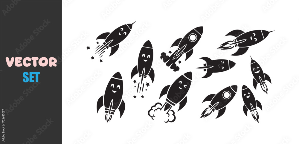 Fototapeta premium Collection of cartoon rockets in black and white illustration