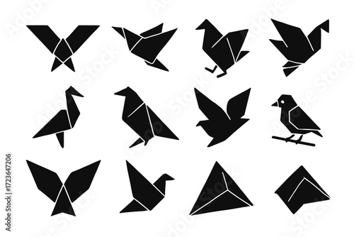 Icon origami vector crane detail finch chick modern bird beak icons folded