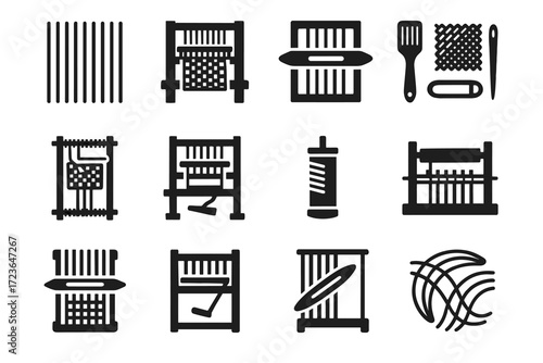 Sticks modern fabric weaving icon loom dynamic shuttle open treadle partially vector