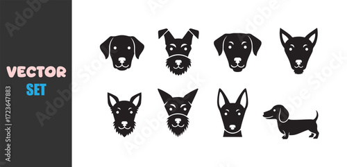 Collection of diverse dog breed head silhouettes and one full body illustration