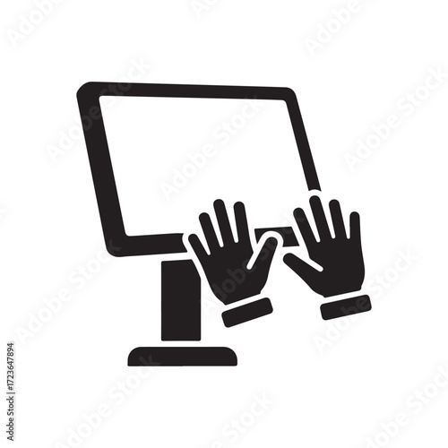Minimalist Flat Design Icon: Hands Interacting with Touchscreen Monitor
