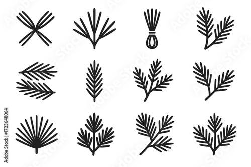 Branched icon needle pine grouping diagonal fan vector set cluster