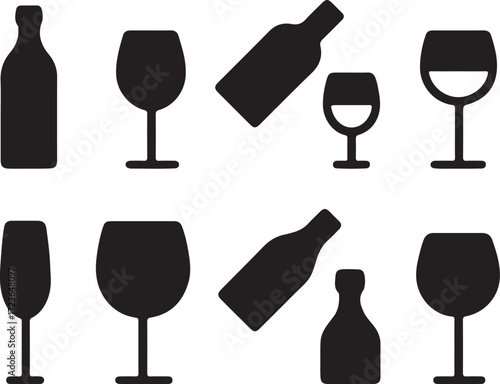 Liquor Bottle set silhouette. Vodka, Whiskey, Wine Bottle with an alcoholic drink. Restaurant beverage alcoholic illustration for celebration 