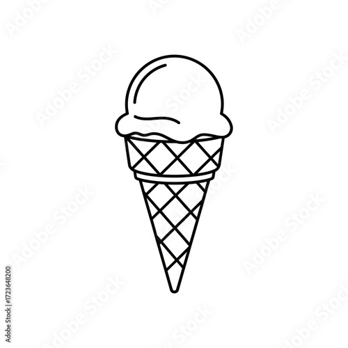 Simple black and white line drawing of an ice cream cone with a scoop of ice cream.