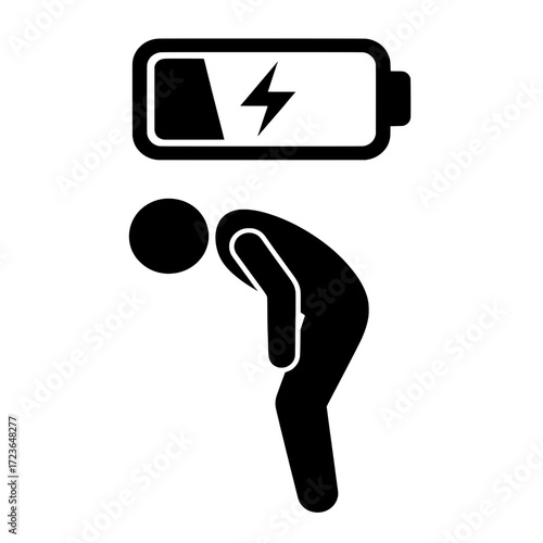 Exhausted person with low battery icon. A concept for corporate burnout, fatigue, and low energy.
