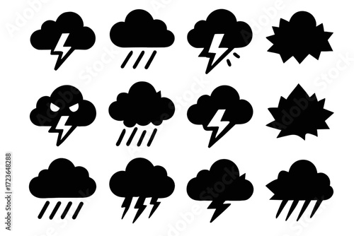 Electric icon intense storm heavy cloud outline aggressive weather lightning vector icons