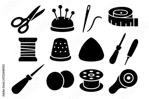 Tape tools icons ripper weights thread sewing icon fabric pin thimble vector