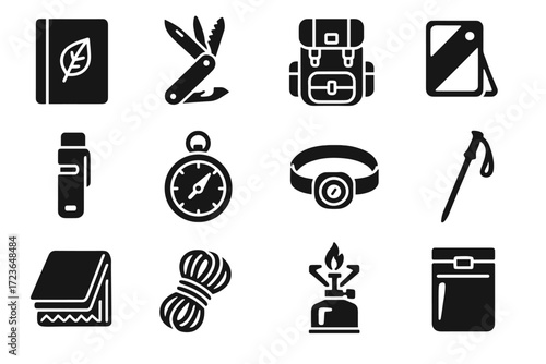 Adventure rope explorer backpack mirror icon altimeter walking vector whistle gear icons
