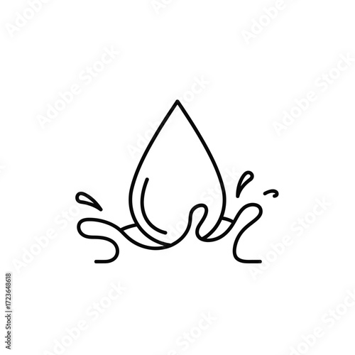 A minimalist line art icon of a single water drop creating a splash upon impact on a white background.