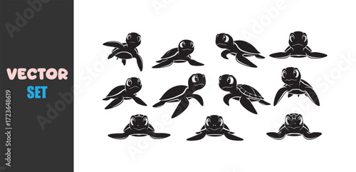 Collection of stylized black sea turtle silhouettes in various poses