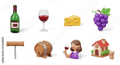 A collection of charming 3D illustrations related to wine, including a bottle, glass, cheese, grapes, corkscrew, barrel, a person enjoying wine, and a house with a cork.