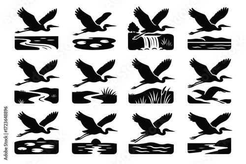 Icon silhouette low pads flight waterfall lily above waterline vector heron