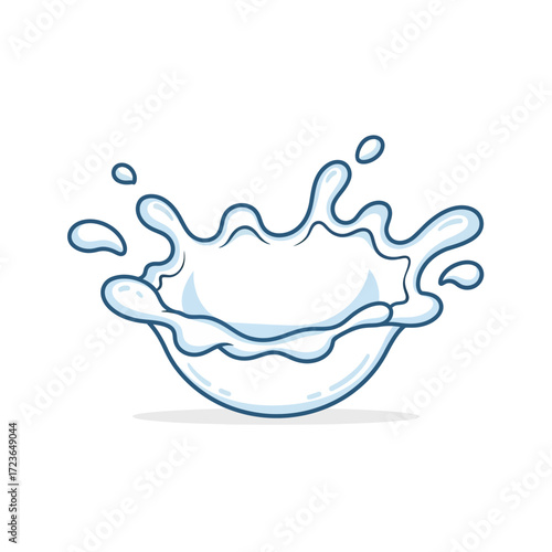 Cartoon illustration of a blue and white liquid splash with droplets flying off, depicting dynamic movement and fluidity.
