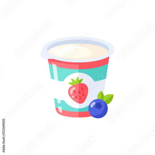 A container of yogurt with a strawberry and blueberry design.