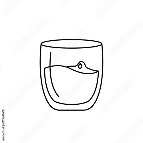 A simple line drawing of a glass filled with water, showing a slight ripple on the surface.