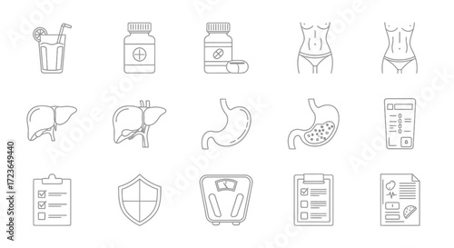 Health and Wellness Icons: Juice, Pills, Abs, Liver, Stomach, Scale.